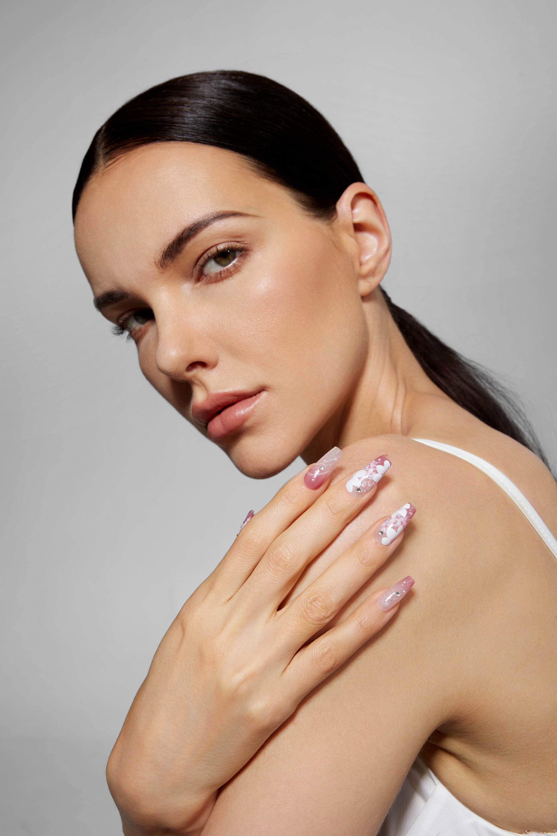 handmade press on nails handprinted flowers long nails diamonds crystal nails pinky nails reusable press on nails